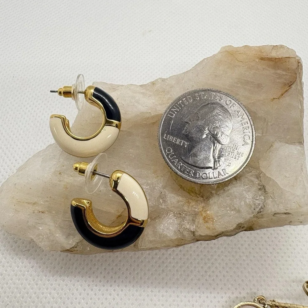 Lot of 2 Vintage Monet Earrings Gold Tone Black Cream Enamel Hoops Pink Moonglow